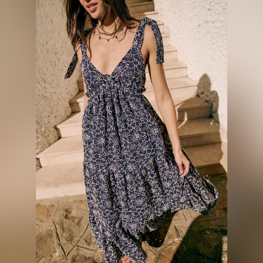 Sezane Graziella Dress Ecru / Navy - Size 6